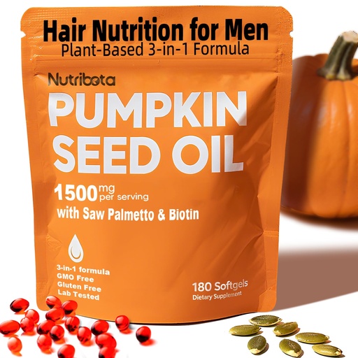 [BRSREHYDOUHQMGT4] Pumpkin Seed Oil Supplement 1500 mg per Serving with Saw Palmetto & Biotin, Advanced 3-in-1 Plant-Based Men’s Wellness & Hair Nutrition Formula, Non-GMO, Gluten Free, Lab Tested Softgels