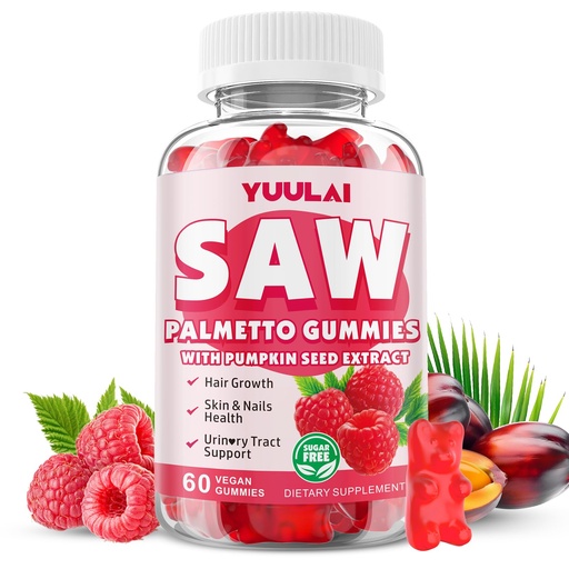 [BRSREBL4OIJREFY7] Saw Palmetto Gummies for Women Men, Organic Saw Palmetto with Pumpkin Seed Oil for Hair Growth & Skin Health, Sugar Free, Raspberry Flavor, 60 Count