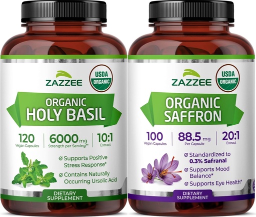 [BRSRGGLQOAHWAADX] Zazzee Organic Adaptogen Support Bundle | USDA Organic Saffron 20:1 Extract Plus 10:1 Tulsi Holy Basil Extract Capsules | Non-GMO Vegan & ISO Lab Tested