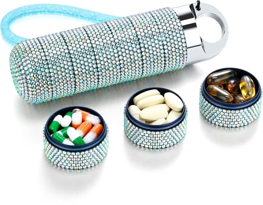 [BRSROBLQCMMBGDTJ] Zannaki Metal Bling Pill Organizer, Travel Waterproof Weekly Pill Box, Portable Large Aluminum Alloy Pill Case Container, BPA Free 7 Day Daily Medicine Organizer Holder for Vitamin,Fish Oil,Supplement
