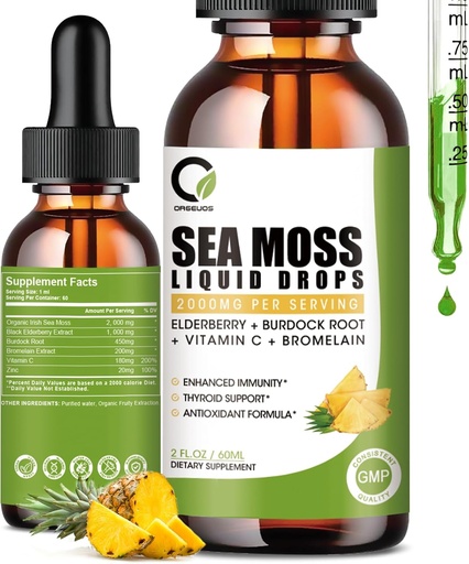 [BRSROCY5PIFQEDTZ] Sea Moss Drops 2000mg, Irish Sea Moss Supplement Supports Immunity, with Black Elderberry, Burdock Root, Bromelain, Vitamin C & Zinc, 2 Fl.Oz, Pineapple Flavor