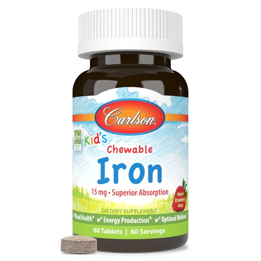 [BRSWGGABPJYBSA3B] Carlson - Kid's Chewable Iron, 15 mg, Superior Absorption, Blood Health, Energy Production & Optimal Wellness, Natural Strawberry Flavor, 60 Tablets