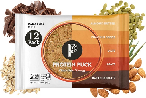 [BRSWYYAZPMHQE23D] Protein Puck Vegan Plant based Protein Bar – Natural Healthy Snack Bars, 12 Count, 1.34oz Mini, Gluten Free, Dairy Free, No GMO, Kosher – Daily Bliss - Dark Chocolate, Almond Butter, Sport Nutrition