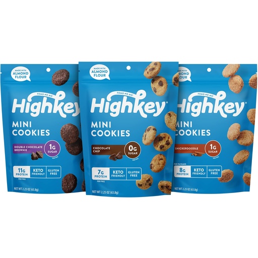 [BRSWGCA5CEOQAAA2] HighKey Cookies Variety Pack - 6.75oz Low Carb No Added Sugar 3-Pack Chocolate Chip Cookie, Snickerdoodle, Brownie Bites Low Carb Gluten Free Diabetic Snack Diet Friendly Food Sweets