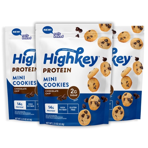 [BRSREYIFOEJQMAA6] HighKey Protein Chocolate Chip Cookies - Low Sugar, High Protein Keto Snack 3-Pack, 2.25oz, Low Carb Gluten Free Cookies with Oat Fiber, Healthy Sweet Treat