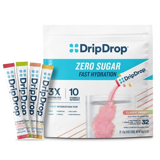 [BRSROBQCDN7GMAYZ] DripDrop Sugar Free Hydration Packets - Zero Classic Variety Pack - Single Serve Electrolytes Powder Drink Mix - Lemon Lime, Watermelon, Peach, Passion Fruit - Non-GMO, Gluten Free, Vegan - 32 Sticks