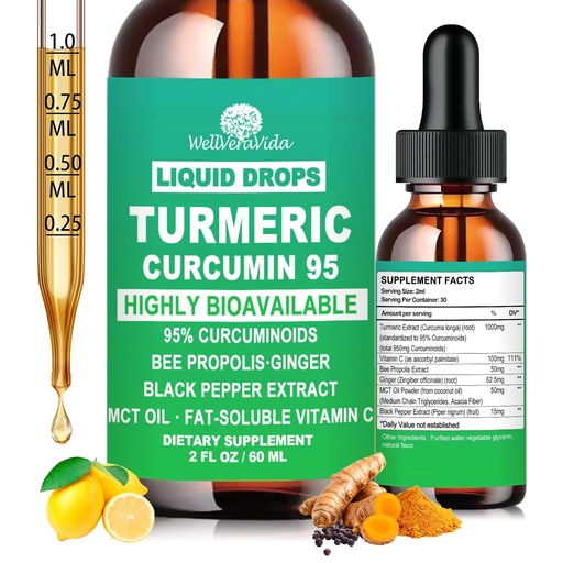 [BRSRECDQCIDWYCI4] Turmeric Curcumin Supplement Drops with 95% Curcuminoids, Enhanced Absorption Liquid Turmeric Complex 1000mg w/Bee Propolis Ginger MCT Oil Vitamin C & Black Pepper for Joint & Immune Support | Non GMO
