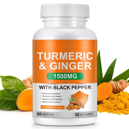 [BRSREFAQDEFGYEY3] Turmeric and Ginger Supplement 1500mg, Turmeric Complex Supplement with Black Pepper Extract & 95% Curcuminoids for Helping with Joint Pain