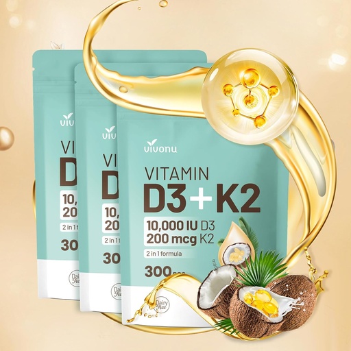 [BRSRAGAEAEHQGE3Z] Vitamin D3 10000 iu Plus K2 (MK-7) 200 mcg, 300 Coconut Oil Softgels| 2 in 1 VIT D & K Complex | Supports Calcium Absorption, Bone, Immune, & Heart Health – Easy to Swallow (900 Softgels /3 Bag)