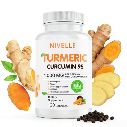 [BRSRGEIDBEHWACI2] NIVELLE Pure Turmeric Curcumin Supplement 1,000mg | 95% Curcuminoids with Bee Propolis, Ginger, MCT Oil, Fat Soluble Vitamin C, & Black Pepper | Non-GMO, Gluten Free | 120 Capsules
