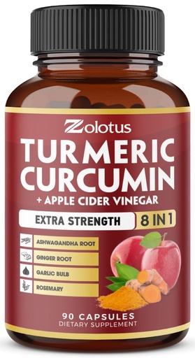 [BRSW2EINBZYRMHI2] 8 in 1 Turmeric Curcumin + Apple Cider Vinegar Capsules, 3 Month Supply with Ashwagandha, Ginger, Garlic Bulb, 95% Standardized Curcuminoids, Joint & Absorption Support