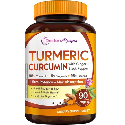 [BRSWYCT5BMMQAHLP] Doctor's Recipes Turmeric Softgel 750mg Curcuminoids (95%) with Ginger Extract (5% gingerols) for Antioxidant Function, Mobility & Flexibility, Black Pepper for Optimal Absorption, 90 Softgels