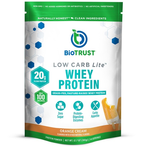 [BRSRMYIFA4AQ22A4] BioTrust Low Carb Lite, 20 Grams of Grass-Fed Whey Protein Isolate, 100 Calories, ProHydrolase Digestive Enzymes, Non-GMO, Free from Soy and Gluten, rBGH-Free (14 Servings) (Orange Cream)