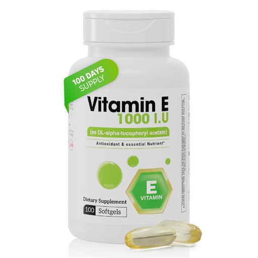 [BRSREHYTCIPAG33V] Vitamin E 1000 IU Softgels – Antioxidant Supplement with DL-Alpha-Tocopheryl Acetate – Skin & Body Support Capsules – 100 Count, 100 Day Supply