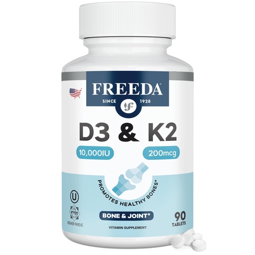 [BRSRGHT5OAHRUDT4] FREEDA Vitamin D3 with K2 Vitamin 10000 IU (250 mcg) + 200 mcg MK7 – High Potency VIT D3 K2 Supplement 10000IU for Bone & Joint Support – Supports Calcium Absorption – Made in USA (90 Tablets)
