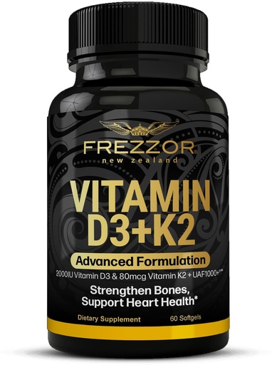 [BRSW2BT2B4GR4DQY] FREZZOR Vitamin D3 and K2 Caps, High Potency D3 2000IU and K2 (MK7) 80mcg, Unique VIT D3 from 100% New Zealand Sheep's Wool Lanolin. Cardiovascular Support & Bone Health, 60 Softgels 1 Month Supply