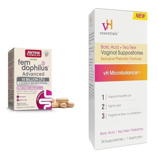 [BRSRAZAYAR7ROHLH] Jarrow Fem-Dophilus Probiotics 10 Billion CFU and vH Essentials Boric Acid Vaginal Suppositories with Tea Tree Oil and Lactic Acid - Feminine Health Bundle