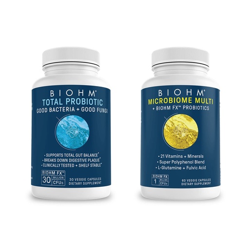 [BRSW2BT6O4BGE3QU] BIOHM Total Probiotic and Microbiome Multi Bundle, 30 Billion CFU Probiotic & Probiotics Natural, Digestive Enzymes, Immune Health, Shelf Stable, Clinically Studied, Non-GMO, Vegan, for Women and Men
