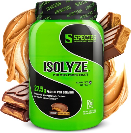 [BRSWIHIAAB6WCF3U] Species Nutrition Isolyze Whey Protein Powder, 100% Whey Isolate for Muscle Building, 27.5g Protein Per Scoop, No Sugar & Low Fat (Chocolate Peanut Butter, 22 Servings)