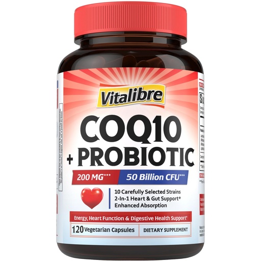 [BRSRECQOCIGQEGT7] Vitalibre CoQ10 200 mg, with Probiotics for Women & Men, 50 Billion CFU, High Absorption Ubiquinone, Heart & Gut Energy Support, Powerful Antioxidant, Easy to Swallow, 120 Vegan Capsules