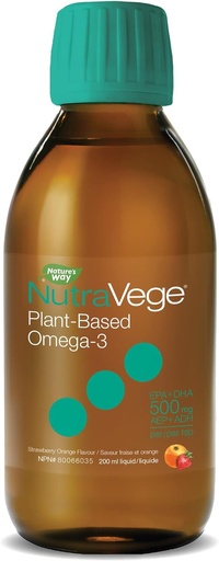 [BRSWKHQRA4AWEGYY] Nature's Way NutraVege Plant-based Omega-3 Supplement, 100% Vegetarian, EPA + DHA from Algal Oil, Vegan, Strawberry Orange Flavour, 200 mL Liquid