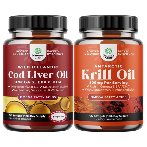 [BRSRGCD5DIAWMFLL] Bundle of Icelandic Wild Caught Cod Liver Oil Softgels - Fish Omega 3, EPA, DHA, Vitamin D & A and Antarctic Krill Oil Softgels - High Absorption Omega 3 Fatty Acid with Potent EPA DHA Astaxanthin