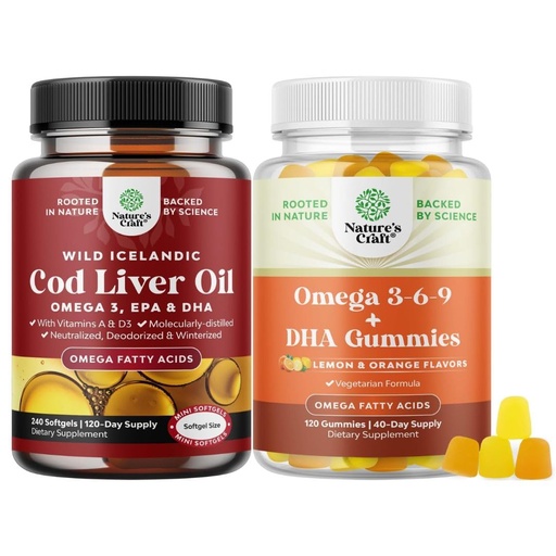 [BRSRGCD5BN6BSALV] Bundle of Icelandic Wild Caught Cod Liver Oil Softgels - Fish Omega 3, EPA, DHA, Vitamin D & A and Omega 3 Gummies - Vegetarian Omega 3 6 9 DHA Gummies for Brain Bone Heart Health and Joint Support