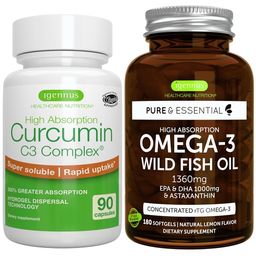 [BRSROBLYDN4BY2AY] High Absorption Omega-3 Wild Fish Oil 1360mg + High Absorption Curcumin C3 Complex Bundle, 1000mg EPA & DHA with Astaxanthin + + 300% Greater Absorption Curcuminoids with Rapid Uptake, by Igennus