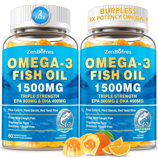 [BRSRGAI3DEPWAG35] Omega 3 Fish Oil Gummies 1500mg, Triple Strength Omega 3 for Adults with EPA & DHA, CoQ10, Red Yeast Rice | Essential Fatty Acids | Wild Caught & Burpless | for Hḙar-t & Brain | Sugar Free, 120 Count