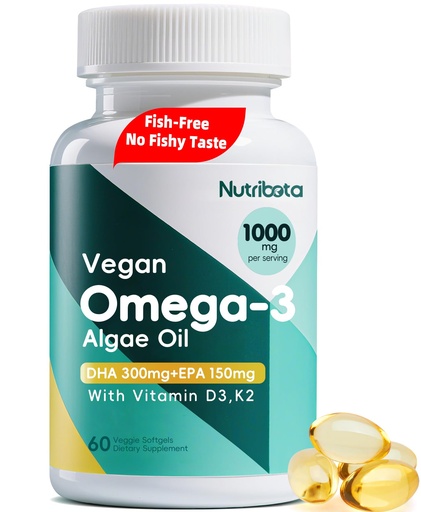 [BRSREA37OB7Q4ADP] Vegan Omega-3 Algae Oil Supplement with DHA 300mg & EPA 150mg, Plant-Based Omega-3 with Vitamin D3 & K2, Fish-Free Algal Oil Softgels for Men & Women, 60 Softgels, 30 Day Supply