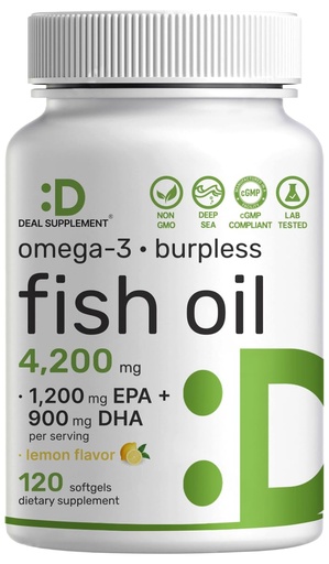 [BRSRG2T6CADQ22Y3] DEAL SUPPLEMENT Omega-3 Fish Oil 4,200 mg Per Serving, 120 Burpless Softgels | Deep Sea Fish | 1,200 mg EPA + 900 mg DHA | Lemon Flavor, No Fishy Aftertaste | Non-GMO