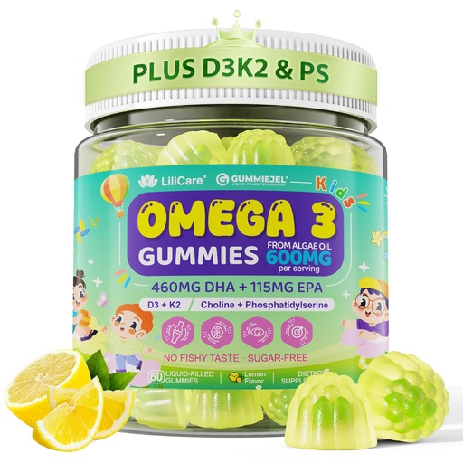[BRSREHD6CUBRGALF] Omega-3 for Kids 4+, Focus DHA Gummies Plus EPA from Algae, Vitamin D3 K2, Choline & PS for Bone, Cognitive & Immune Health, Zero Sugar Ultra-High DHA Fish Oil Alternative, Children Ages 4+, 60Cts