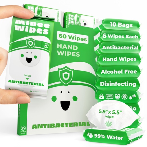 [BRSREGQROIMQAADU] Impossibly Compact Travel Antibacterial Wipes Hand Sanitizer - 99.5% Water and Aloe - Safe for Sensitive Skin & Hypoallergenic Hand Wipes - Travel Essentials For Adults & Kids, 10 Pack Total 60 Wipe