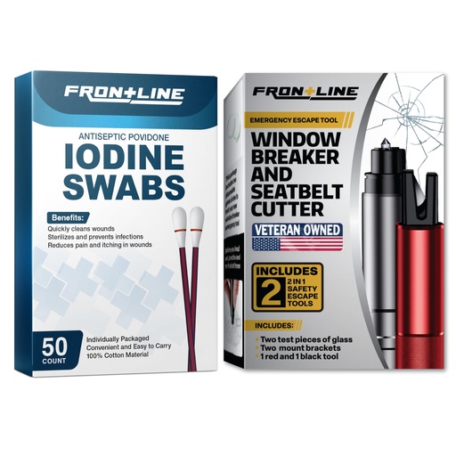 [BRSRGBIPCF5A4YDP] Iodine Swabs 50 Count Car Window Breaker Seatbelt Cutter 2 Pack Bundle | Emergency Supplies First Aid Antiseptic Prep Kit with Escape Tool for Vehicle Safety Travel Roadside Readiness