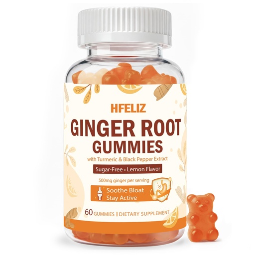 [BRSRGAIDO5YBUAIV] Ginger Gummies 500mg - Turmeric and Ginger Supplement for Digestion, Bloating & Mobility Support - Sugar-Free Lemon Flavor with Black Pepper Extract for Enhanced Absorption, 60 Count