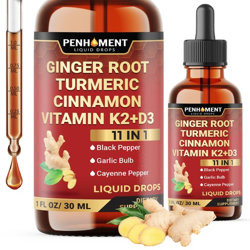 [BRSRE2Y6DMIGMC3G] 11in1 Liquid Ginger Extract with Liquid Turmeric, Ceylon Cinnamon Drops, Vitamin D3, Vitamin K2, Berberine Extract, Garlic, Black Pepper - Drops Extract - 1FL Oz - 2 Month Supply