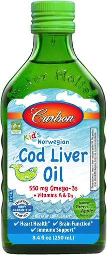 [BRSW2GI2CUPBE3T5] Carlson - Kid's Cod Liver Oil, 550 mg Omega-3s, Plus Vitaminas A y D3, Liquid Fish Oil, Wild Caught Norwegian Arctic Cod, Sustainably Sourced Nordic Fish Oil, Green Apple, 250 mL (8.4 Fl Oz)