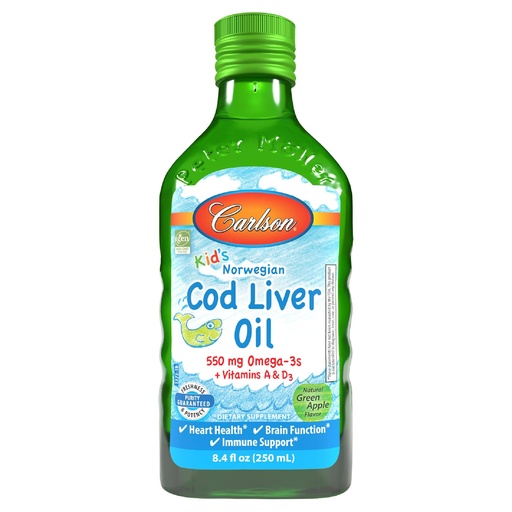 [BRSW2GI2CUPBE3T5] Carlson - Kid's Cod Liver Oil, 550 mg Omega-3s, Plus Vitamins A and D3, Wild Caught Norwegian Arctic Cod, Sustainably Sourced Nordic Liquid Fish Oil, Green Apple, 250 mL (8.4 Fl Oz)