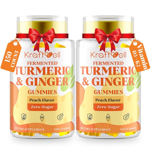[BRSRGFTYAAMWY3Q2] Turmeric Curcumin with Ginger Gummies, Vegan Formula with Fermented Turmeric & Black Pepper, Joint Comfort & Mobility, Sugar-Free with Vitamin D3 + K2, Natural Peach Flavor – 150 Gummies (2 Bottles)