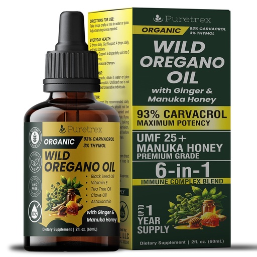 [BRSRGGD6A4CRSA3J] Organic Oil of Oregano Drops with Black Seed Oil, Wild Herbal Extract 93% Carvacrol, Liquid Tincture with Ginger & Manuka Honey UMF 25+, High Potency Botanical Blend, 60ml