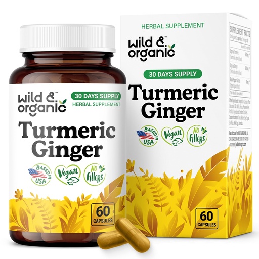 [BRSRAHA3BMGRYELH] Wild & Organic Turmeric and Ginger Supplement Capsules - Mobility & Immune Support - Ginger and Turmeric Supplements with Black Pepper - 30 Days of Supply - Vegan, No Fillers, Non-GMO - 60 Count