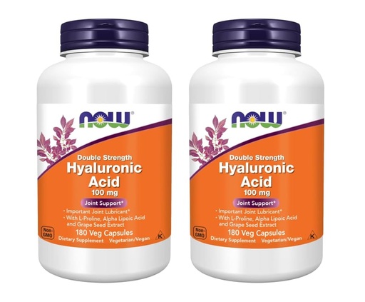 [BRSRGYIQOQHAKADX] NOW Foods Supplements, Hyaluronic Acid 100 mg, Double Strength with L-Proline, Alpha Lipoic Acid and Grape Seed Extract, 180 Veg Capsules (Pack of 2)