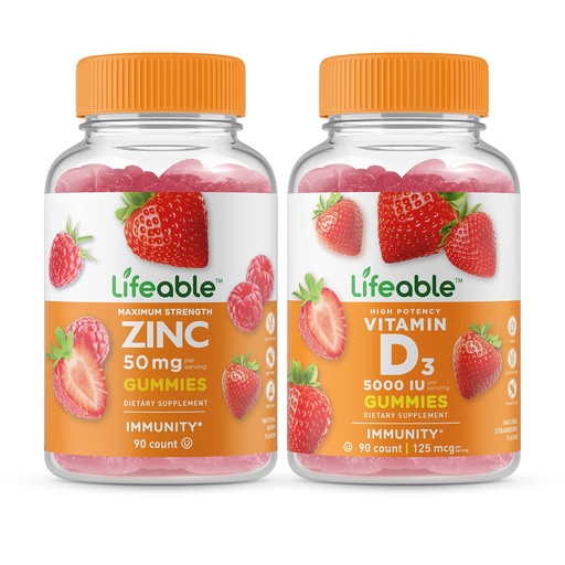 [BRSW2GALBZ4GCFDF] Lifeable Zinc 50mg + Vitamin D 5000 IU, Gummies Bundle - Great Tasting, Vitamin Supplement, Gluten Free, GMO Free, Chewable Gummy