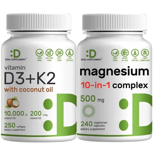 [BRSRAFILOUDRSFLV] DEAL SUPPLEMENT Vitamin D3 10,000iu + K2 200mcg Softgels & Magnesium Complex Veggie Capsules Bundle – Essential Sunshine Vitamins with Coconut Oil – High Absorption Chelated Minerals, 10-in-1
