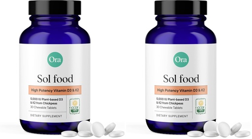 [BRSRGFI7DF5A42AZ] Ora Organic Vitamin D3 5000IU + K2 - Vegan Vitamin D from Lichen and K2 from Chickpeas for Bone Health, Immune Support, & Mood, Maximum Absorption - 1 Month Supply, 30 Chewable Tablets (Pack of 2)