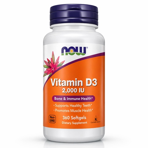 [BRSRGFQCOUAQKH3B] NOW Foods - Vitamin D-3 2000 IU High Potency, Structural Support* 360 softgels