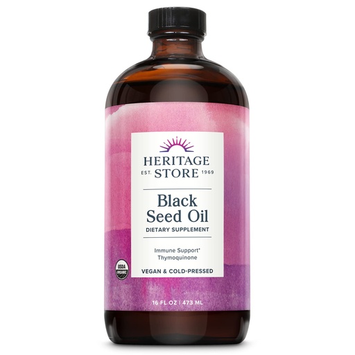 [BRSWKHQYAYAQOGQ3] HERITAGE STORE Black Seed Oil, Organic, Cold Pressed, Nigella Sativa Supplement with Thymoquinone, Omega 3 6 9, Antioxidant, Immune and Joint Support, Vegan, 16oz
