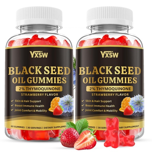 [BRSREBA2CV5W2DY4] Black Seed Oil Gummies 500mg with Honey and 2% Thymoquinone, Nigella Sativa Seeds for Boost Immune Health, Joints, Digestion, Hair & Skin, Strawberry Flavor, 120 Count
