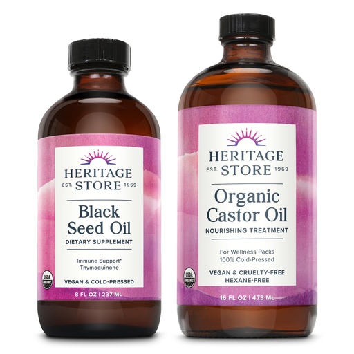 [BRSRABA6OUFQMYI6] HERITAGE STORE Organic Black Seed Oil and Organic Castor Oil - Health and Beauty Bundle - Heart Health, Joint and Immune Support, Wellness Packs, Vibrant Hair, Skin, Lashes and Brows - Vegan, 8oz/16oz