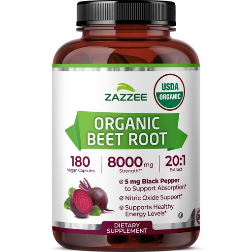 [BRSRE2YPC55QOYDH] Zazzee USDA Organic Beet Root 20:1 Extract, 180 Vegan Quick Release Capsules, 6 Month Supply, Nitric Oxide Support, Black Pepper Extract for Enhanced Absorption, Certified Kosher, Non-GMO, Made in USA